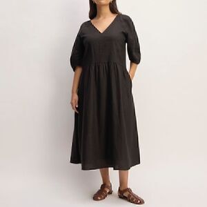 NEW Everlane The Linen Oversized Puff Sleeve Dress Black XS